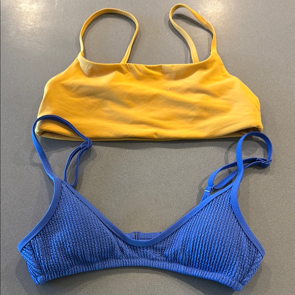 Blue and Yellow Women's swim tops
